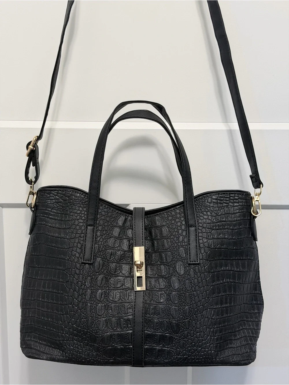 Structured Croc-Embossed Faux Leather Black Tote Bag with Gold Hardware - Picture 2 of 13